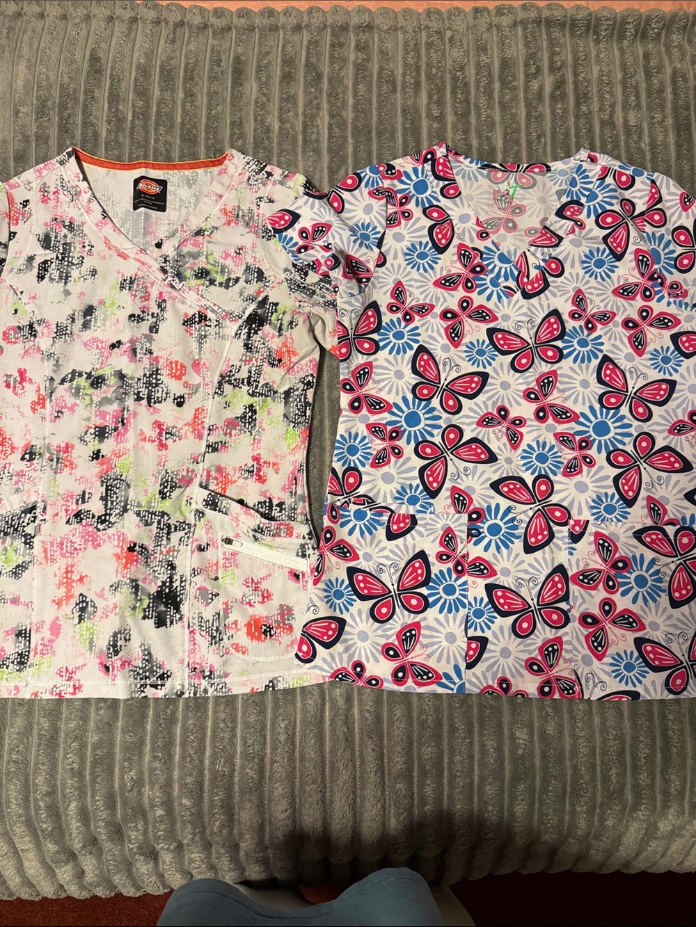 Dickies Womens White Multi-Color Butterfly & Pattern Scrub Tops